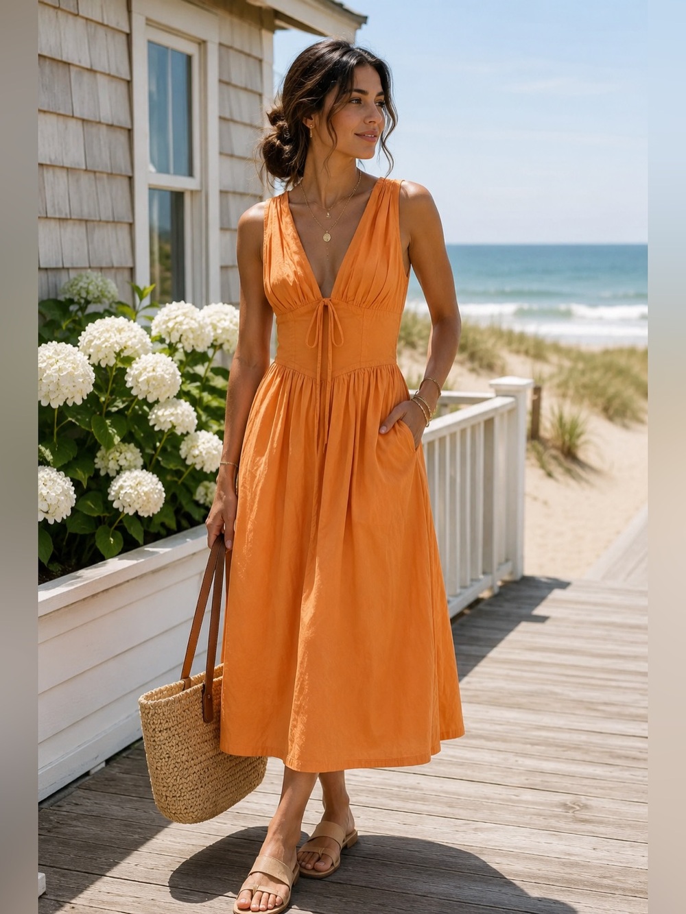 Band of the Free Los Angeles Orange Cotton Sleeveless Midi Dress Tie Front S